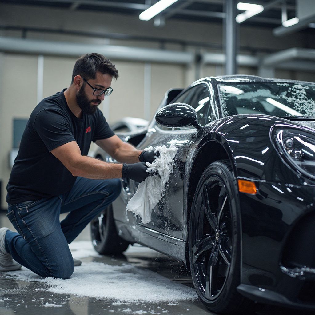 Tým AutoČistírny při práci na luxusním voze